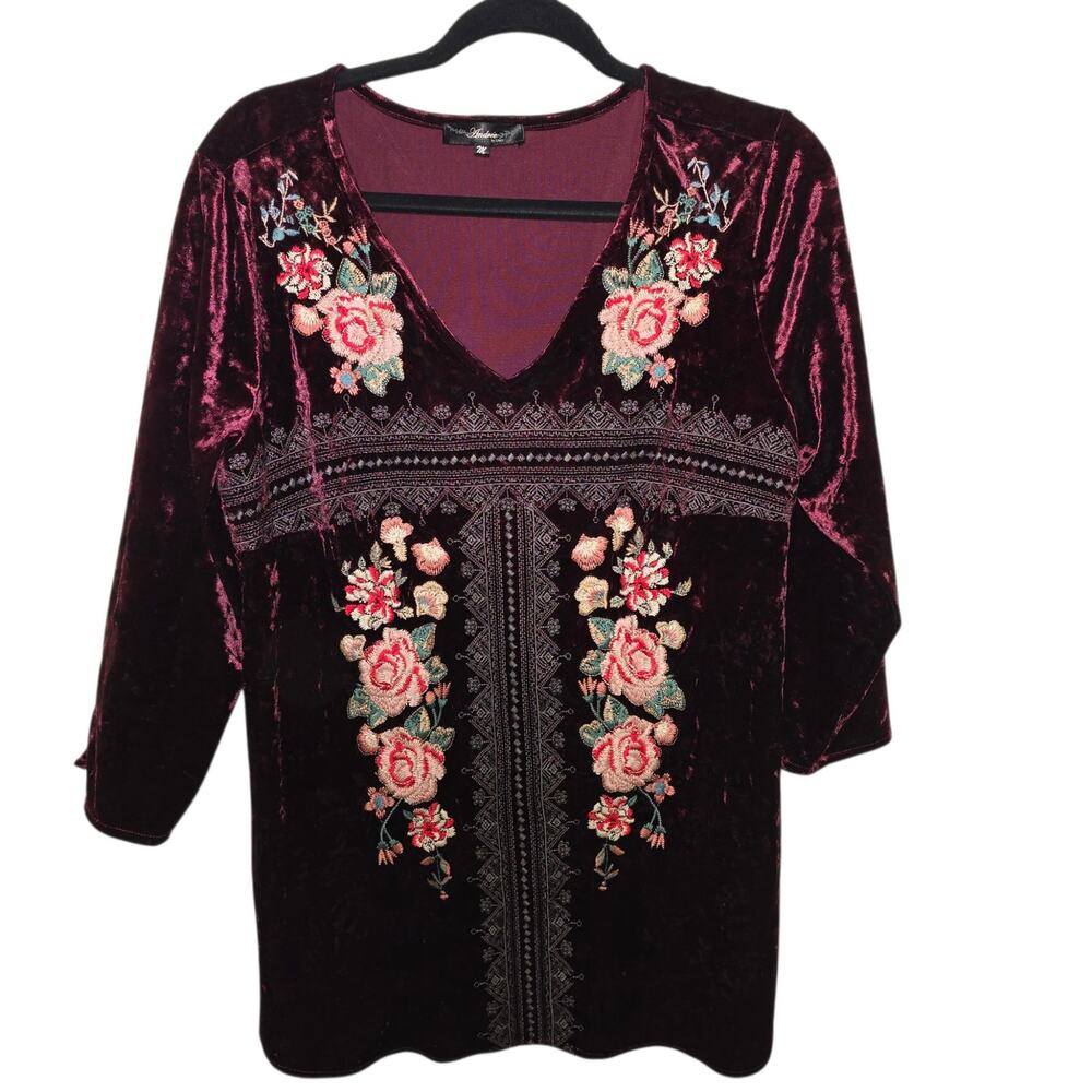 Burgandy Velour and Floral Embroidery Top by Andre Size M Pristine Cottagecore